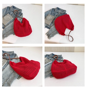 Detailed views of red crochet hobo bag featuring hollow mesh weave and leather straps