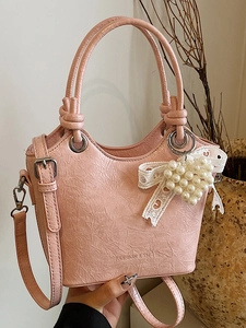 Women Pleated PU Leather Bucket Bag With Artificial Pearl Heart Lace Pendant Adjustable Strap Commuter Fashion Shoulder Crossbody Bag