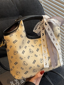 Women Large Capacity PU Leather Tote Bag Cartoon Bear Print Shoulder Crossbody Bag With Plaid Bow For Daily Casual Use