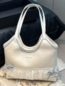 Sweet Girly Bowknot Ruffle Tote Bag Large Capacity Women Shoulder Underarm Bag PU Leather Lolita Style Fashion Handbag
