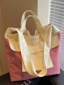 Women Urban Minimalist Canvas Tote Bag Large Capacity Patchwork Plaid Striped Single Shoulder Handbag For Daily Commuting Travel