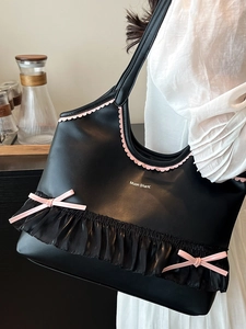 Sweet black and pink tote bag with bow accents and ruffle trim for women fashion