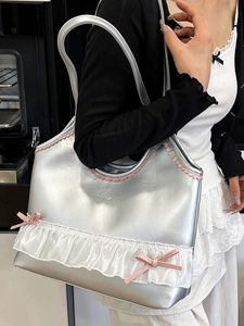 Silver metallic tote bag with pink wave trim and chiffon ruffles for women