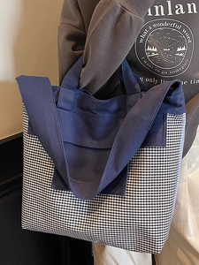 Large navy canvas tote bag with black and white checkered pattern for women commuting
