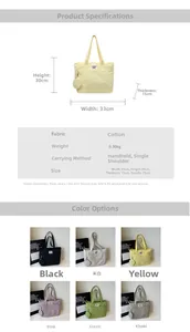 Detailed size chart for large canvas tote bag with 33cm width and small round pouch