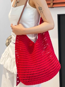 Red crochet knit tote bag with hollow design for summer beach holidays and vacations