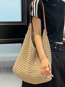 Summer hollow cotton woven tote bag with brown leather straps for beach vacation