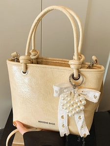 Sac à Épaule Femme en Cuir PU Plissé Pendentif Cœur en Künstliche Perles Nœud en Dentelle Sac à Main Bandoulière Sacoche Quotidienne