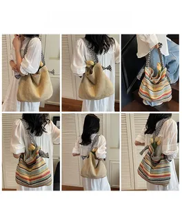 Detailed views of woven beach tote bags with striped ribbon straps and bow detail