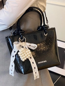 Sac seau plissé vintage noir pour femme avec nœud en dentelle et perles