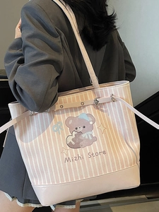 Borsa tote in tela a righe rosa con stampa di orsetto e base in pelle per uso quotidiano