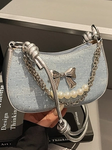Women Denim Underarm Bag Silver Bow Artificial Pearl Chain Decor Shoulder Bag Fashion Y2K Sweet Cool Style Half Moon Crossbody Purse
