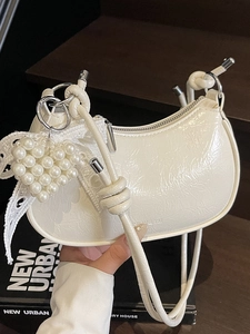 Women Half Moon Hobo Bag Wrinkled PU Leather Shoulder Bag With Artificial Pearl Heart Charm And Lace Bow Fashion Crossbody Bag
