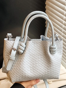 Women Woven Bucket Bag Fashion PU Leather Shoulder Bag With Knot Handle Detail Crossbody Commute Handbag For Ladies