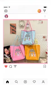 Close-up of cute cartoon animal embroidery and Happy Everyday text on canvas tote bags