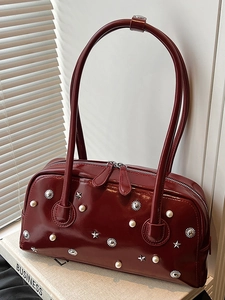 Retro Women PU Leather Shoulder Bag Star Rivet Artificial Pearl Decor Fashion Minimalist Underarm Handbag Boston Style Commute Large Bag