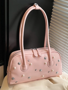 Pink minimalist tote bag with pearls and silver stars, vintage high-capacity shoulder bag