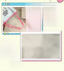 Close-up of waterproof nylon fabric on light blue cartoon tote bag with pink handles