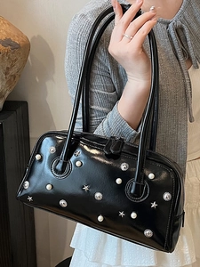 Retro black patent leather shoulder bag with silver star and pearl charms for women
