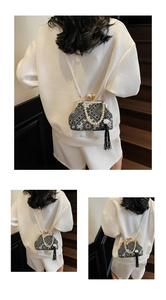 Detailed macro view of vintage embroidered bag with large pearl clasp and long tassels