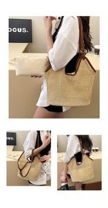 Detailed macro view of woven straw tote bag with brown leather trim and canvas inner pouch