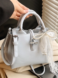 Women Sweet Elegant PU Leather Bucket Bag with Artificial Pearl Lace Bowknot Pendant Handheld Crossbody Shoulder Bag for Everyday