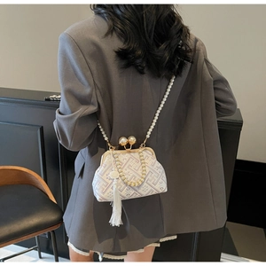 Detail of vintage embroidery bag with pearl strap and silk tassel on elegant model
