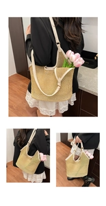 Detail of hand-woven straw tote with hollow diamond pattern and adjustable PU strap