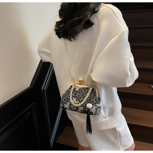 Macro shot of retro black and white jacquard kiss-lock bag with elegant pearl strap