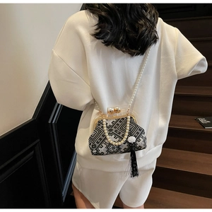 Detail of vintage style jacquard bag with large pearl clasp and black tassel accent