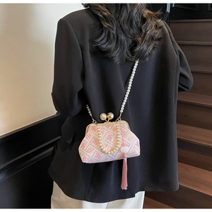 Pink floral jacquard handbag with pearl handle, crossbody chain and long silk tassel