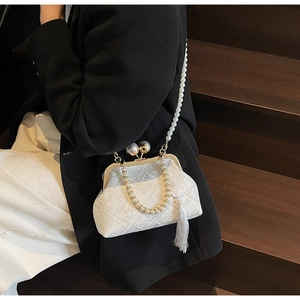 Detail view of jacquard qipao bag with large pearl clasp and white silk tassel