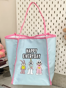 Large Capacity Cartoon Embroidered Tote Bag For Women Summer Nylon Shoulder Bag Happy Everyday Fashion Shopping Bag