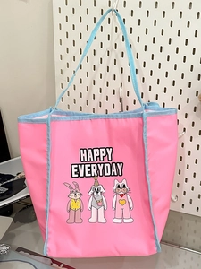 Pink large capacity tote bag with cartoon embroidery and Happy Everyday print