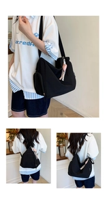Vue triple du sac noir montrant les modes épaule, sac à dos et détails de fermeture éclair