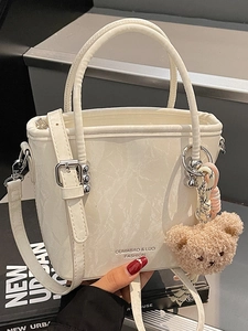Women Urban Simple PU Leather Bucket Bag With Cute Bear Pendant Sweet Crinkled Texture Shoulder Crossbody Bag Handbag