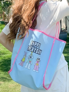 Pink and blue large canvas tote bag with cartoon animal embroidery and Happy Everyday text