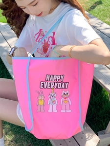 Pink canvas tote bag with cartoon embroidery and Happy Everyday text for women