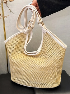 Women Large Capacity Straw Woven Tote Bag With Inner Pouch PU Leather Strap Magnetic Closure Summer Beach Shoulder Bag