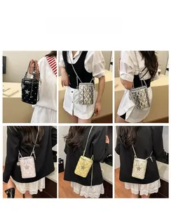 Quilted mini crossbody bag with star emblem shown in five elegant colors on models