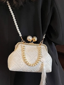 Vintage white embroidery handbag with pearl chain and tassel for formal evening events