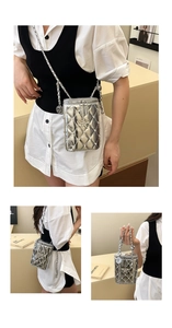 Detailed views of silver quilted mobile phone bag with chain strap and star metal ornament