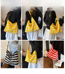 Collage of striped mesh tote bags with drawstring closure showing various color options