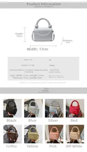 Guide des tailles pour mini sac en cuir PU montrant dimensions 17x12x7cm et poids