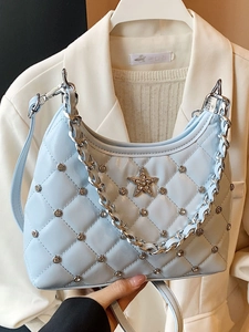 Women's Quilted PU Leather Shoulder Bag With Silver Star Rhinestone Chain Strap Fashionable Small Square Tote Crossbody Bag