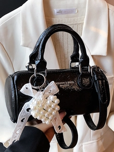 Wrinkled PU Leather Barrel Bag With Artificial Pearl Heart Lace Bow Vintage Women Fashion Shoulder Handbag Mini Cylinder Bag
