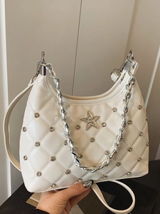 White quilted hobo bag with rhinestone star and silver chain strap for women