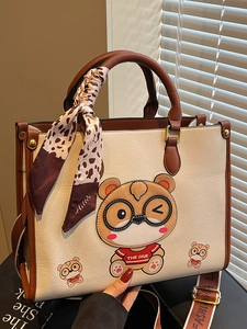 Women PU Leather Large Tote Bag Cartoon Bear Print Commuting Shoulder Bag With Scarf And Wide Strap Casual Handbag
