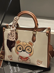 Large capacity tote bag in white leather with cartoon bear print and leopard silk scarf