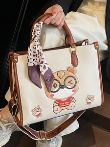 Large capacity tote bag with bear print and leopard scarf, stylish casual shoulder handbag